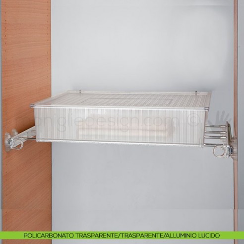 Cassetto senza coperchio con telaio Plus Servetto Roomy per armadio policarbonato trasparente trasparente alluminio lucido