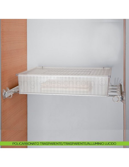 Cassetto senza coperchio con telaio Plus Servetto Roomy per armadio policarbonato trasparente trasparente alluminio lucido