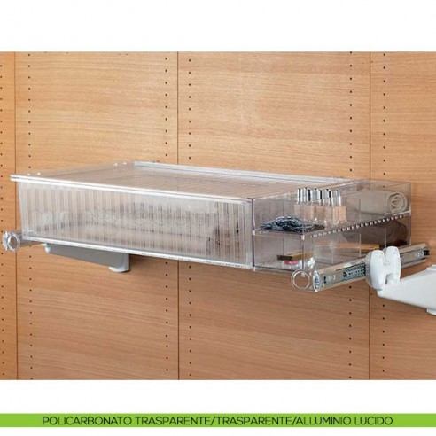 Cassetto senza coperchio con telaio Plus e 2 Jolly Servetto Roomy policarbonato trasparente trasparente alluminio lucido