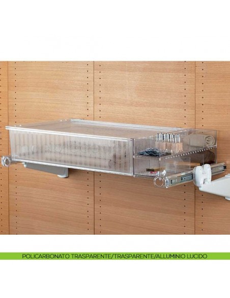 Cassetto senza coperchio con telaio Plus e 2 Jolly Servetto Roomy policarbonato trasparente trasparente alluminio lucido