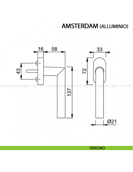 Maniglia per finestra martellina DK Amsterdam Hoppe in alluminio disegno