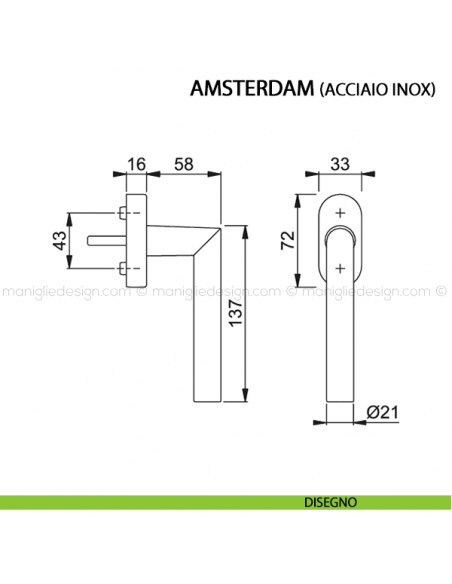 Maniglia per finestra martellina DK Amsterdam Hoppe in acciaio inox disegno