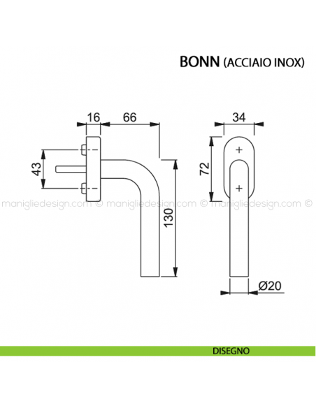 Maniglia per finestra martellina DK Bonn Hoppe in acciaio inox disegno