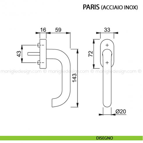 Maniglia per finestra martellina DK Paris Hoppe in acciaio inox disegno