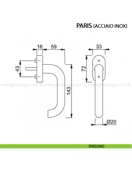 Maniglia per finestra martellina DK Paris Hoppe in acciaio inox disegno