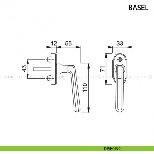 Maniglia per finestra martellina DK Basel Hoppe disegno