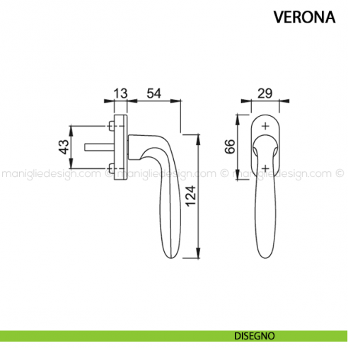 Maniglia per finestra martellina DK Verona Hoppe in acciaio inox disegno