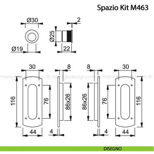 Kit per porta scorrevole senza foro chiave Hoppe M463 Spazio Kit 5 disegno