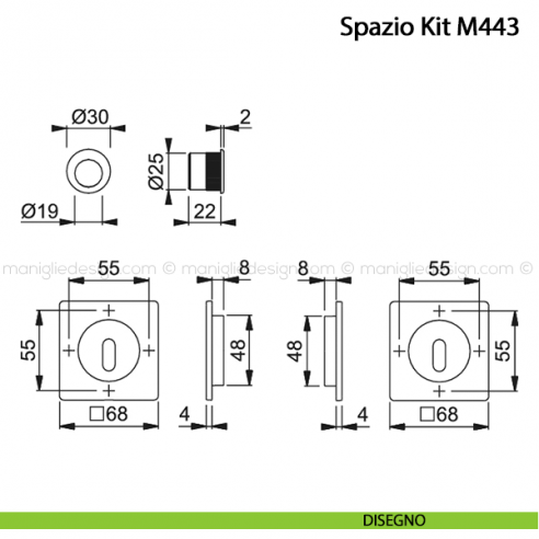 Kit per porta scorrevole quadrato con foro chiave Hoppe M443 Spazio Kit 4 disegno