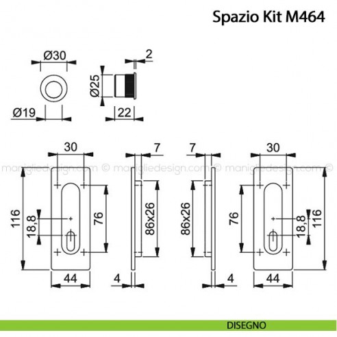 Kit per porta scorrevole rettangolare con foro chiave Hoppe M464 Spazio Kit 4 disegno