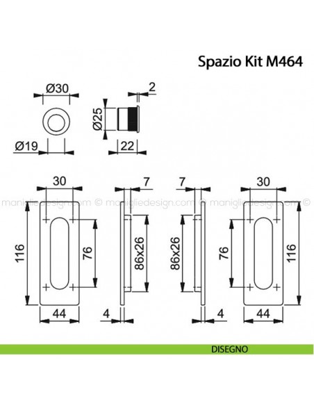 Kit per porta scorrevole rettangolare senza foro chiave Hoppe M464 Spazio Kit 5 disegno