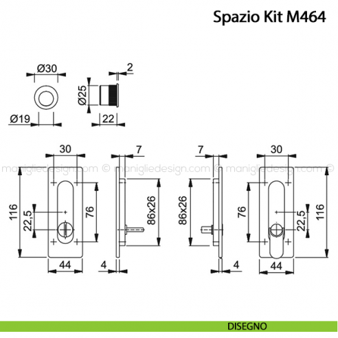 Kit per porta scorrevole rettangolare nottolino e anello Hoppe M464 Spazio Kit 7 disegno