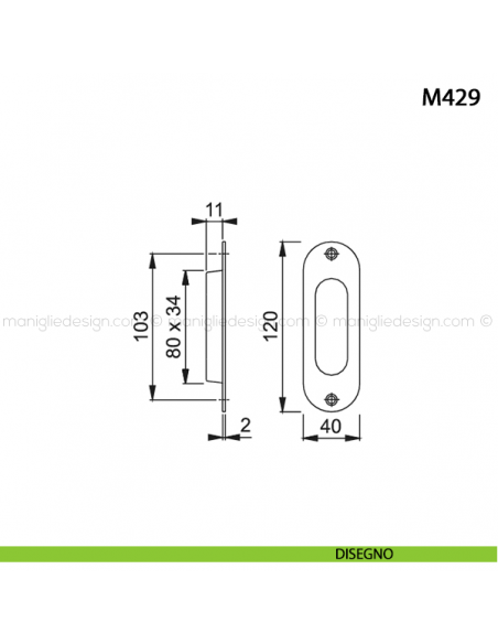 Maniglia incasso ovale per porta scorrevole senza foro chiave Hoppe M429 disegno