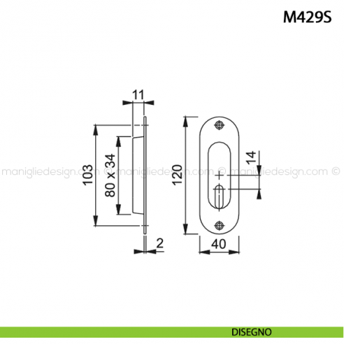 Maniglia incasso ovale per porta scorrevole con foro chiave Hoppe M429S disegno