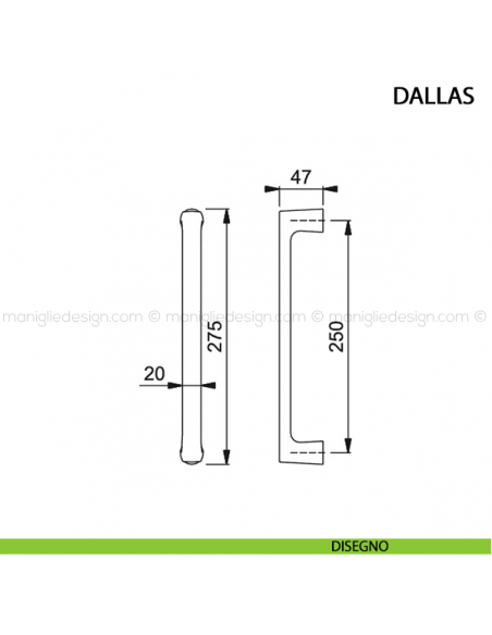 Maniglione per porta Dallas Hoppe in ottone interasse 250 mm disegno