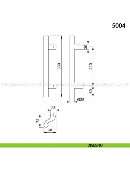 Maniglione per porta 5004 Hoppe in alluminio interasse 210 mm disegno