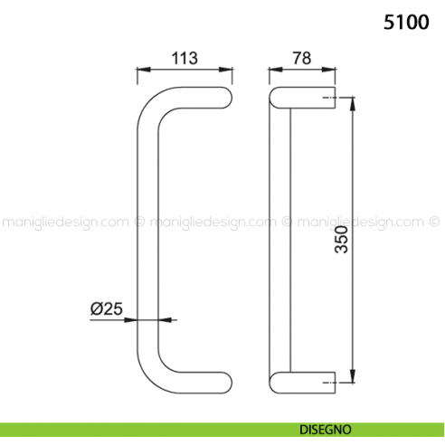Maniglione per porta 5100 Hoppe in alluminio diametro 25 mm interasse 350 disegno
