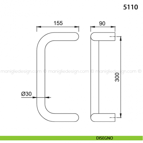 Maniglione per porta 5110 Hoppe in alluminio diametro 30 mm interasse 300 disegno