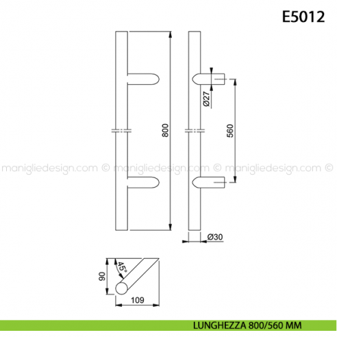 Maniglione per porta E5012 Hoppe acciaio inox diametro 30 mm 800/560 mm disegno