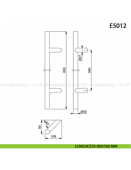 Maniglione per porta E5012 Hoppe acciaio inox diametro 30 mm 800/560 mm disegno