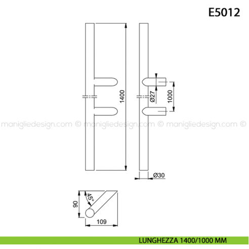 Maniglione per porta E5012 Hoppe acciaio inox diametro 30 mm 1400/1000 mm disegno
