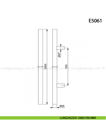 Maniglione per porta E5061 Hoppe acciaio inox diametro 35 mm 1000/700 mm disegno