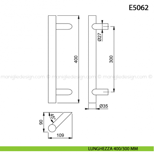 Maniglione per porta E5062 Hoppe acciaio inox diametro 35 mm 400/300 mm disegno