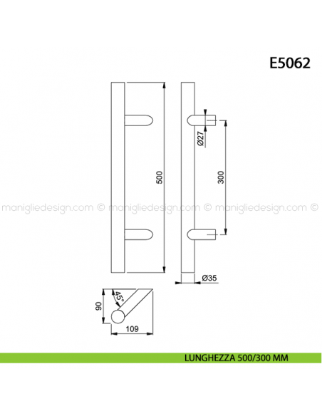 Maniglione per porta E5062 Hoppe acciaio inox diametro 35 mm 500/300 mm disegno