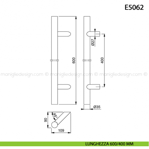 Maniglione per porta E5062 Hoppe acciaio inox diametro 35 mm 600/400 mm disegno