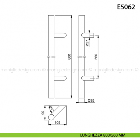 Maniglione per porta E5062 Hoppe acciaio inox diametro 35 mm 800/560 mm disegno