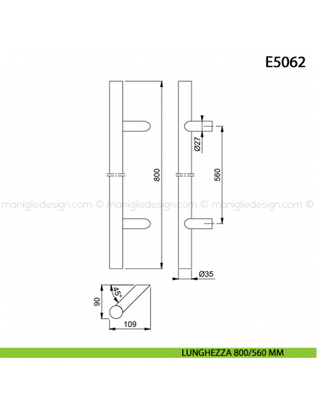 Maniglione per porta E5062 Hoppe acciaio inox diametro 35 mm 800/560 mm disegno