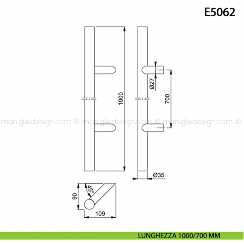 Maniglione per porta E5062 Hoppe acciaio inox diametro 35 mm 1000/700 mm disegno