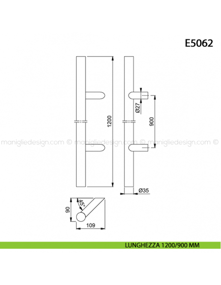 Maniglione per porta E5062 Hoppe acciaio inox diametro 35 mm 1200/900 mm disegno