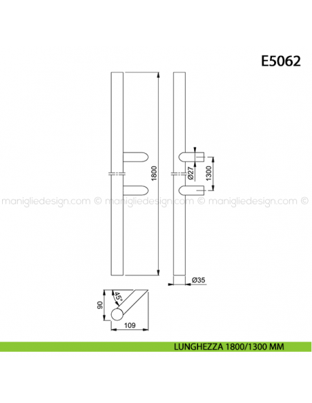 Maniglione per porta E5062 Hoppe acciaio inox diametro 35 mm 1800/1300 mm disegno