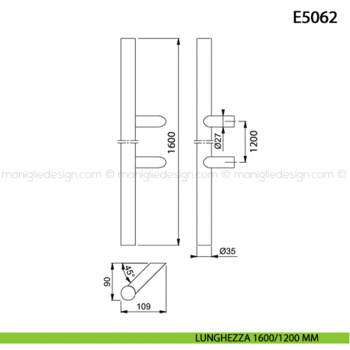 Maniglione per porta E5062 Hoppe acciaio inox diametro 35 mm 1600/1200 mm disegno