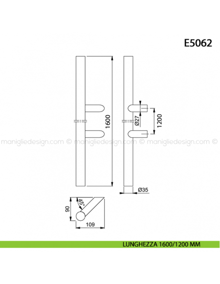 Maniglione per porta E5062 Hoppe acciaio inox diametro 35 mm 1600/1200 mm disegno