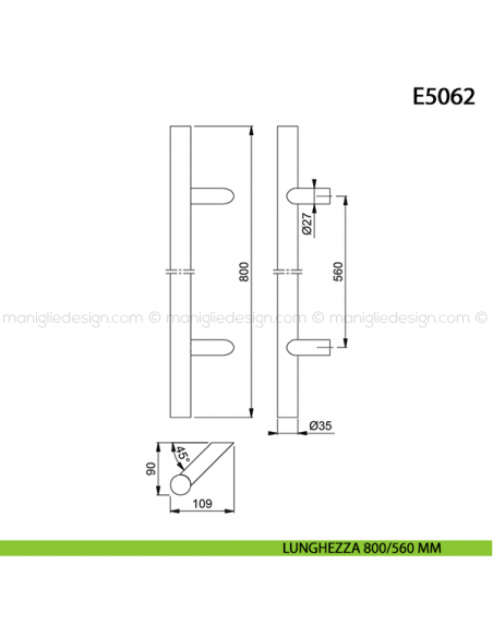 Maniglione per porta E5061 Hoppe acciaio inox diametro 35 mm 800/560 mm disegno