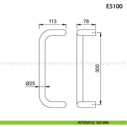Maniglione per porta E5100 Hoppe acciaio inox diametro 25 mm interasse 300 disegno