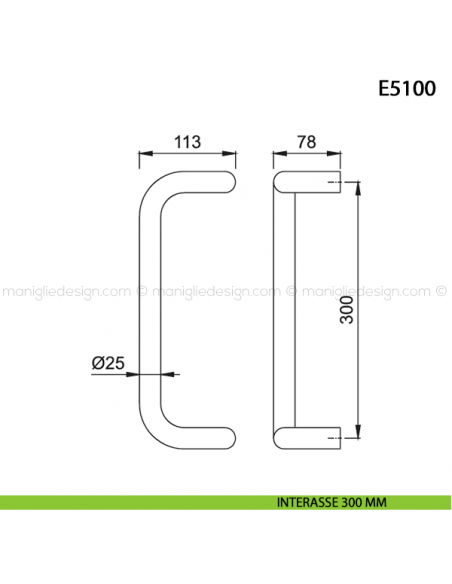 Maniglione per porta E5100 Hoppe acciaio inox diametro 25 mm interasse 300 disegno