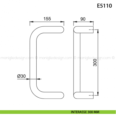Maniglione per porta E5110 Hoppe acciaio inox diametro 30 mm interasse 300 disegno