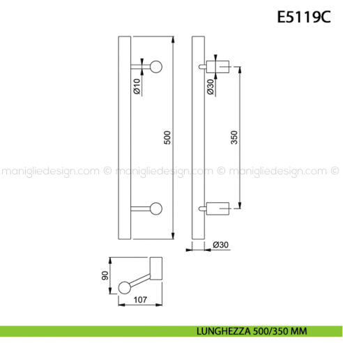 Maniglione per porta E5119C Hoppe acciaio inox diametro 30 mm 500/350 mm disegno