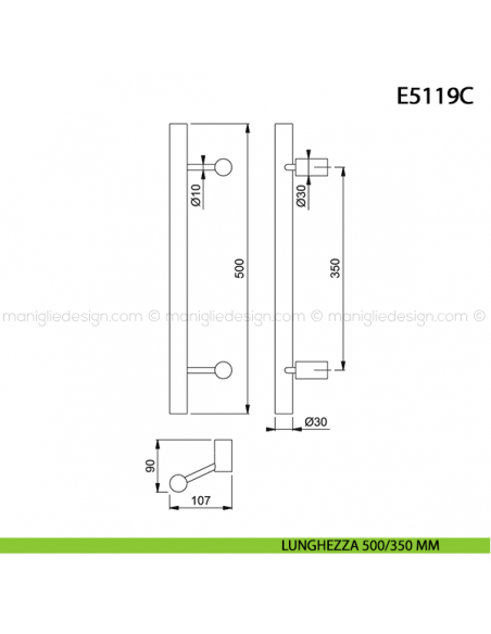 Maniglione per porta E5119C Hoppe acciaio inox diametro 30 mm 500/350 mm disegno