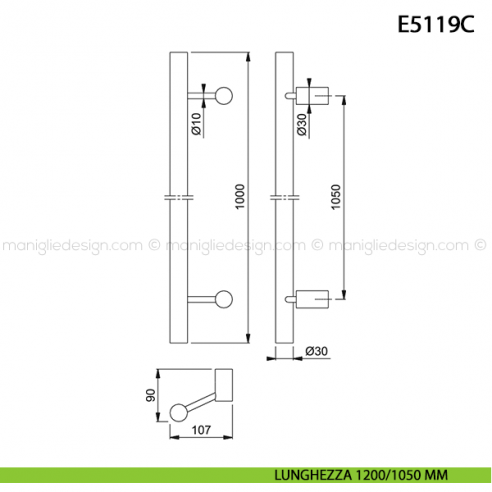 Maniglione per porta E5119C Hoppe acciaio inox diametro 30 mm 1200/1050 mm disegno