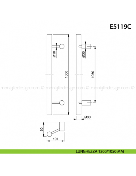 Maniglione per porta E5119C Hoppe acciaio inox diametro 30 mm 1200/1050 mm disegno