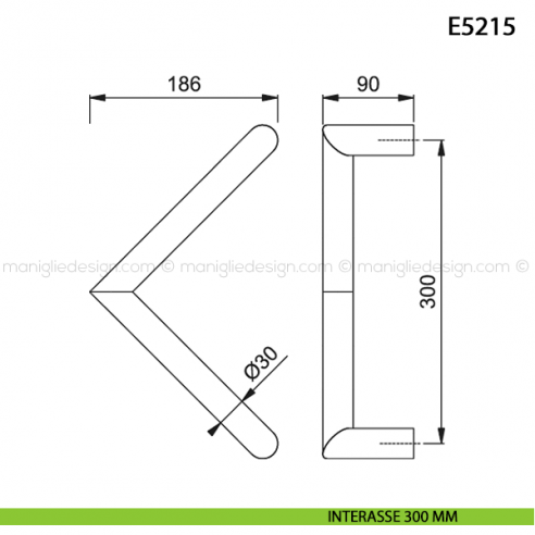 Maniglione per porta E5215 Hoppe acciaio inox diametro 30 mm interasse 300 mm disegno
