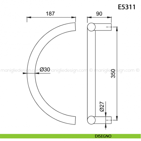 Maniglione per porta E5311 Hoppe acciaio inox diametro 30 mm interasse 350 mm disegno
