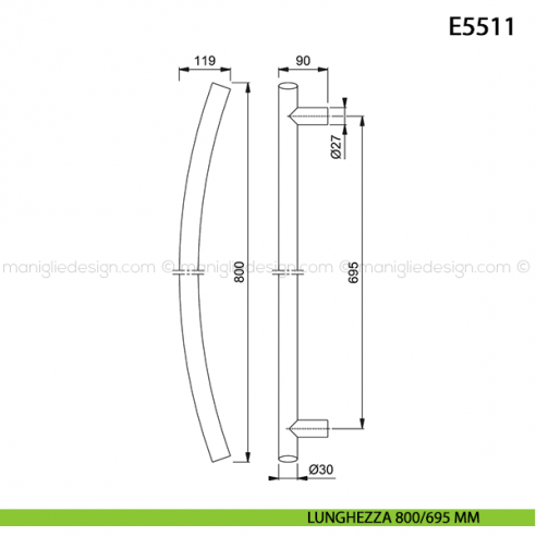Maniglione per porta E5511 Hoppe acciaio inox diametro 30 mm interasse 800/695 mm disegno