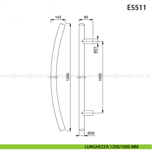 Maniglione per porta E5511 Hoppe acciaio inox diametro 30 mm interasse 1200/1000 mm disegno