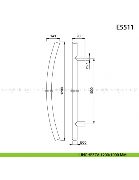 Maniglione per porta E5511 Hoppe acciaio inox diametro 30 mm interasse 1200/1000 mm disegno