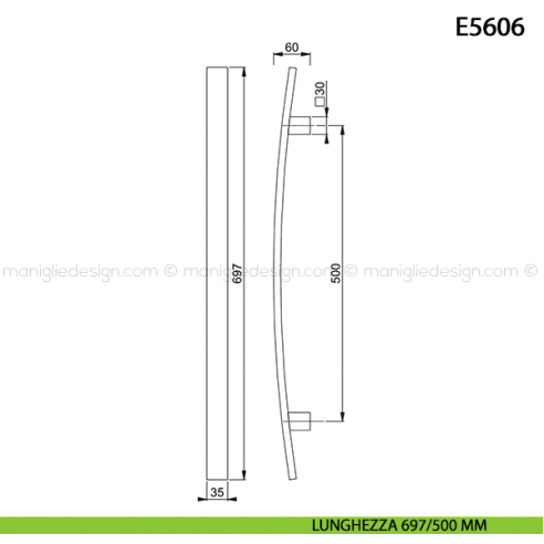 Maniglione per porta E5606 Hoppe acciaio inox interasse 697/500 mm disegno